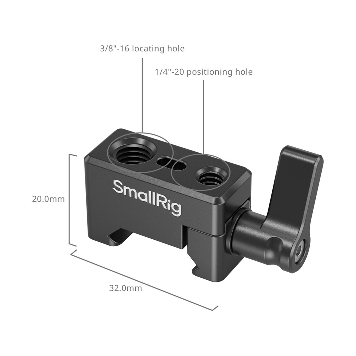 SmallRig 1973B Universal NATO Clamp Support - TECHNISCHE DETAILANSICHT EINER SMALLRIG KLEMME MIT 3/8-16 UND 1/4-20 GEWINDEBOHRUNGEN UND ABMESSUNGEN