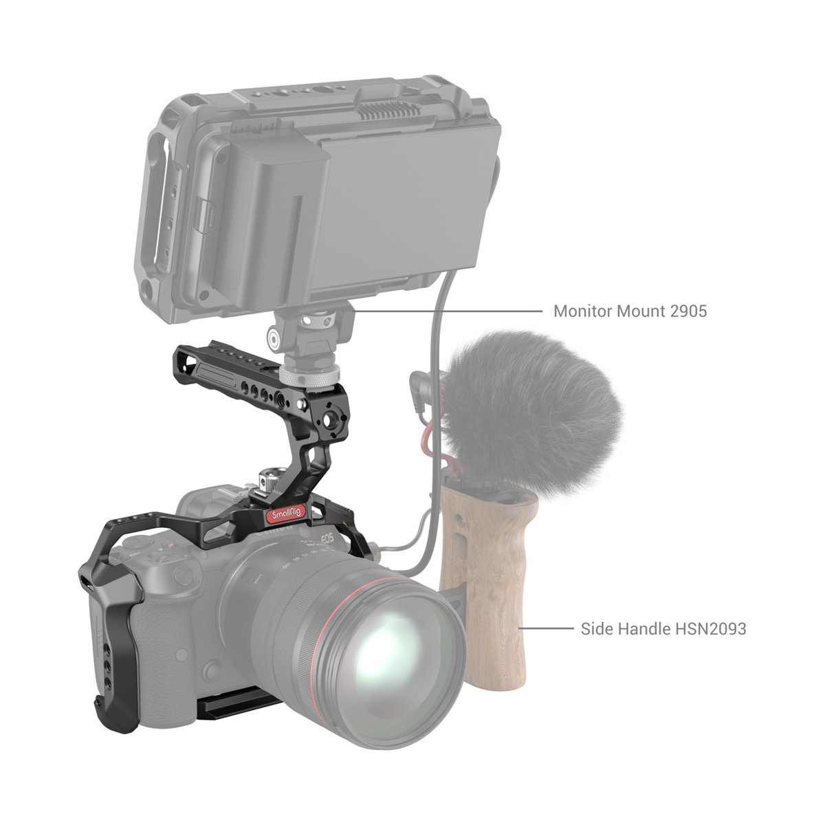 SmallRig 3830B Handheld Kit für Canon EOS R5/R6/R5C - Anwendungsbeispiel von Monitorhalterung 2905 und Seitengriff HSN2093 auf Kamera-Rig