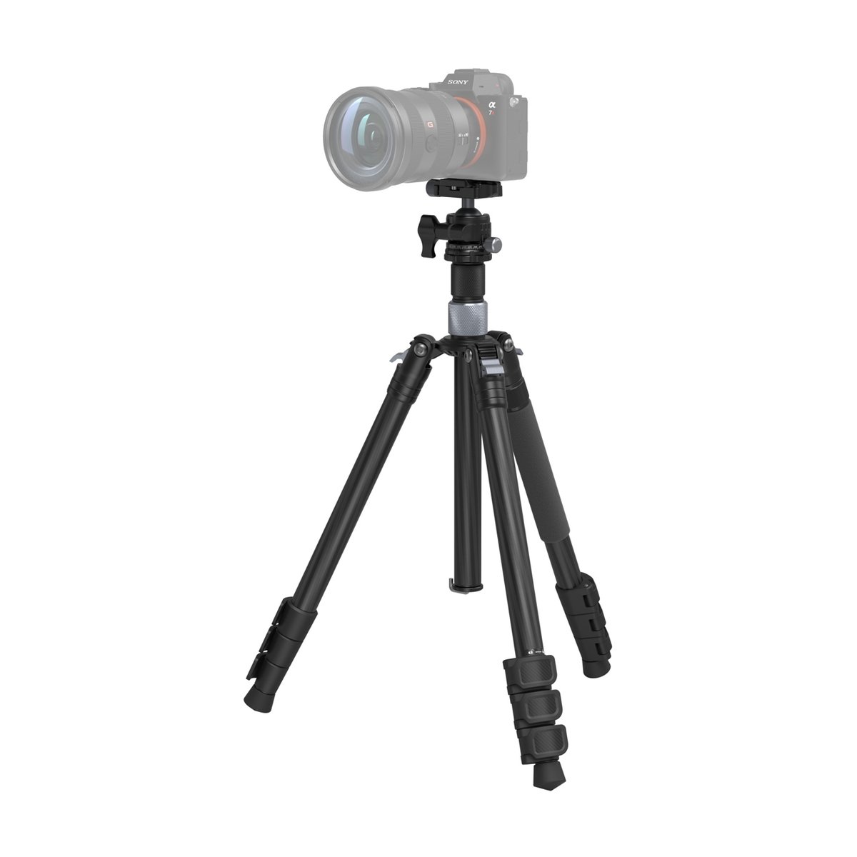 SmallRig 4059 Carbon-Stativ mit Mittelsäule AP-20 - Anwendungsbeispiel: Schwarzes Kamerastativ mit montierter Systemkamera