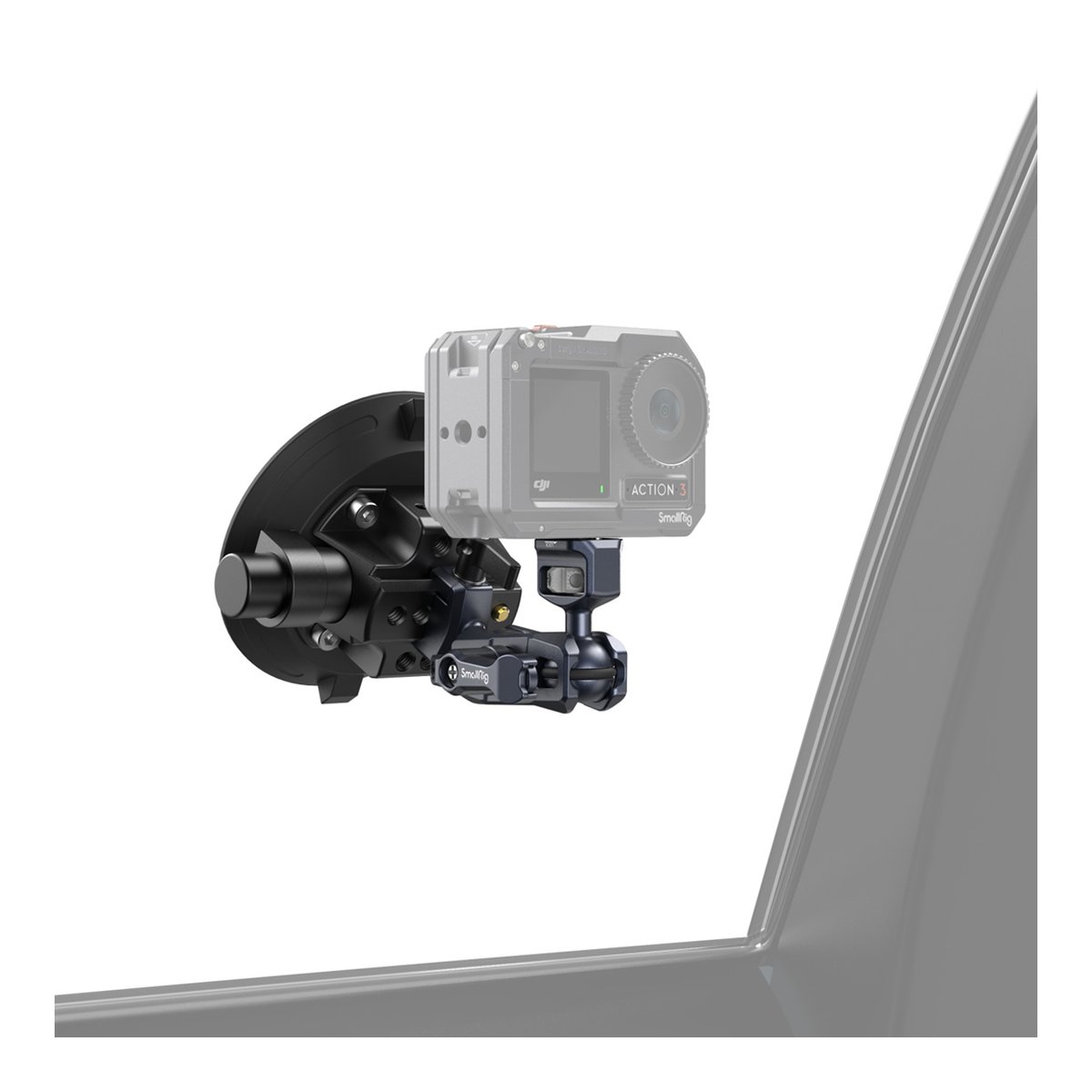 SmallRig 4236B 4" Saugnapf-Kamerahalterungsset für Fahrzeugaufnahmen - Anwendungsbeispiel: Action-Kamera auf Saugnapfhalterung an einer Fahrzeugscheibe befestigt.