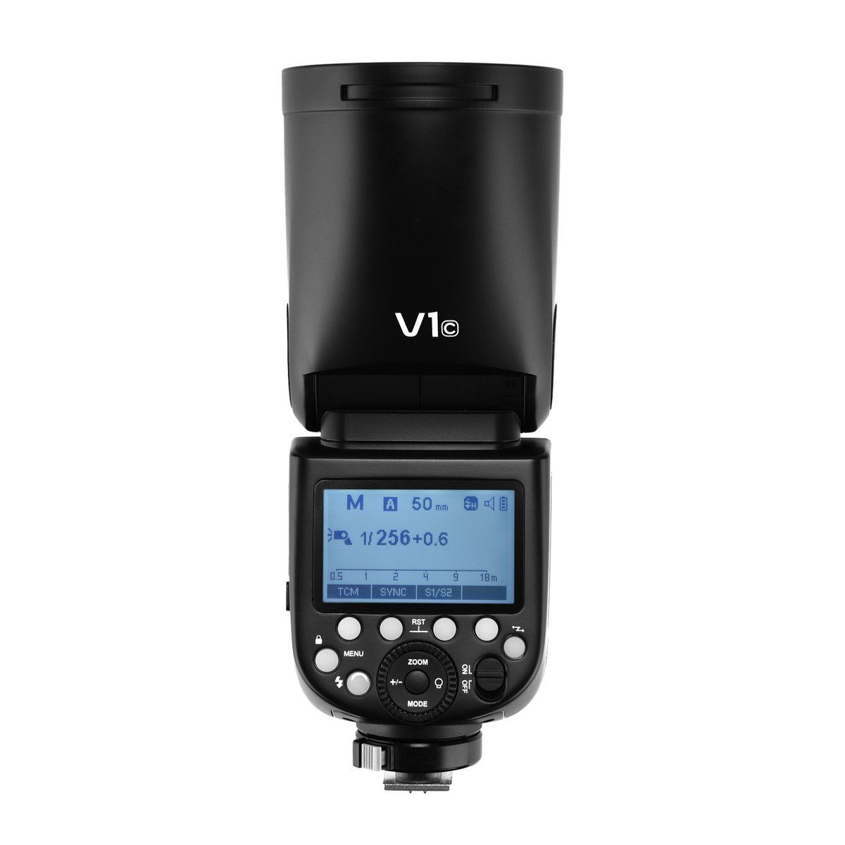 Godox Speedlite V1 Nikon - Frontansicht des schwarzen Godox V1 Kamera-Blitzgeräts mit eingeschaltetem Display und Bedienelementen.