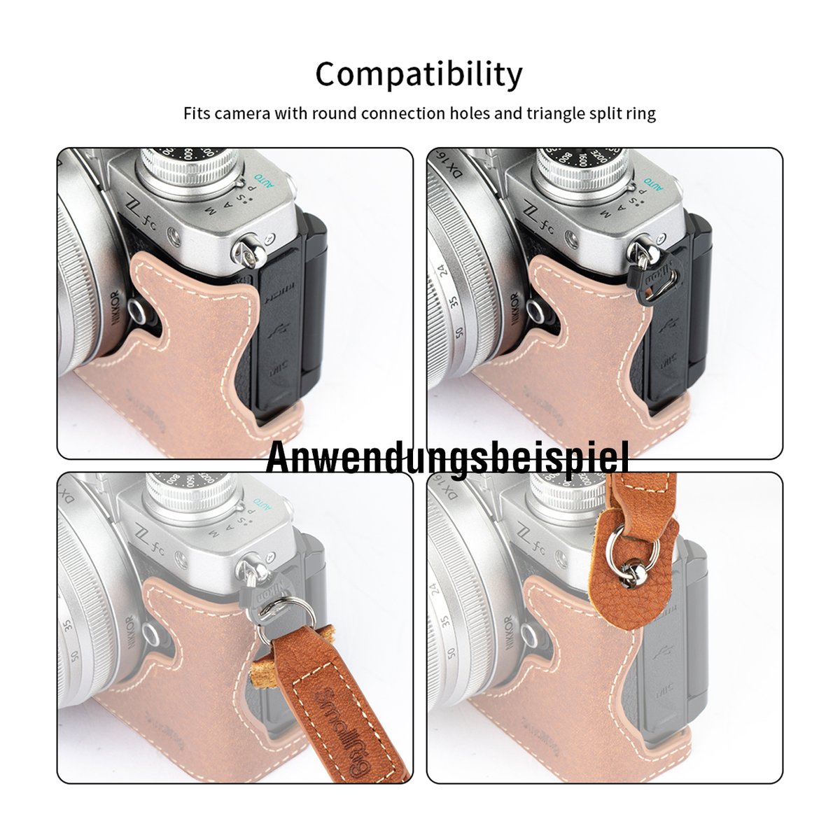 SmallRig 3485 Leder-Kameragurt - Anwendungsbeispiel der Kameratasche an Kamera, zeigt Kompatibilität mit Handschlaufe