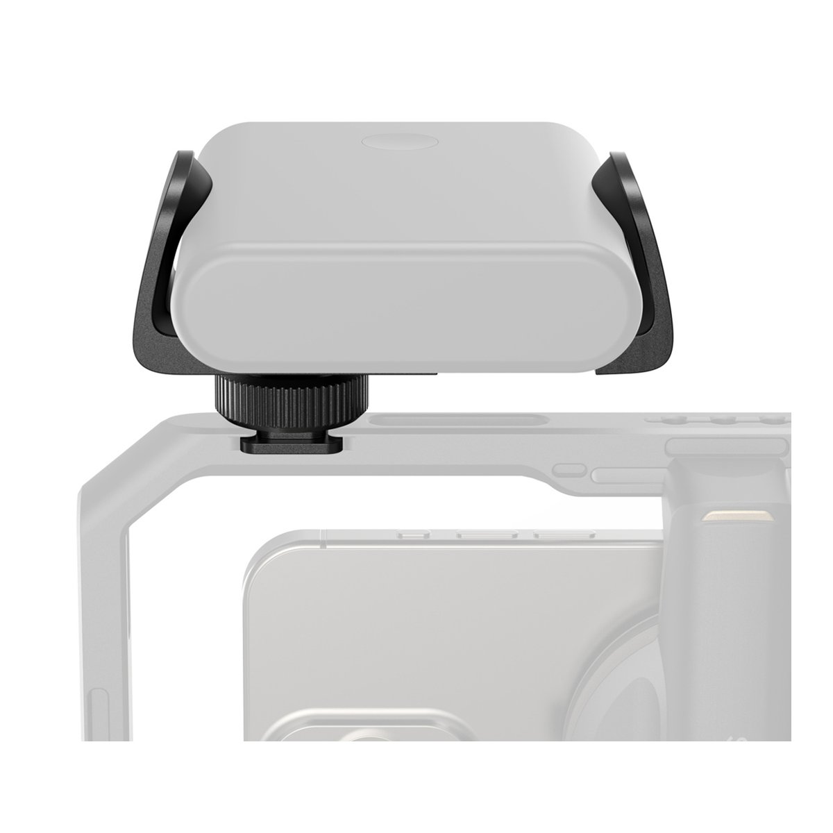 SmallRig 4600 Power Bank Clamp mit Cold Shoe Mount, Halterung - Anwendungsbeispiel: Seitenansicht des Lichts montiert auf Smartphone-Cage.