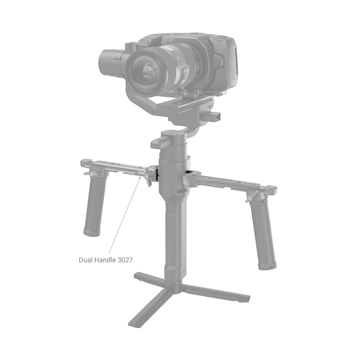 SmallRig 3032 NATO Schiene für DJI Ronin S/SC - Anwendungsbeispiel: Dual Handle 3027 am Gimbal mit Kamera montiert.