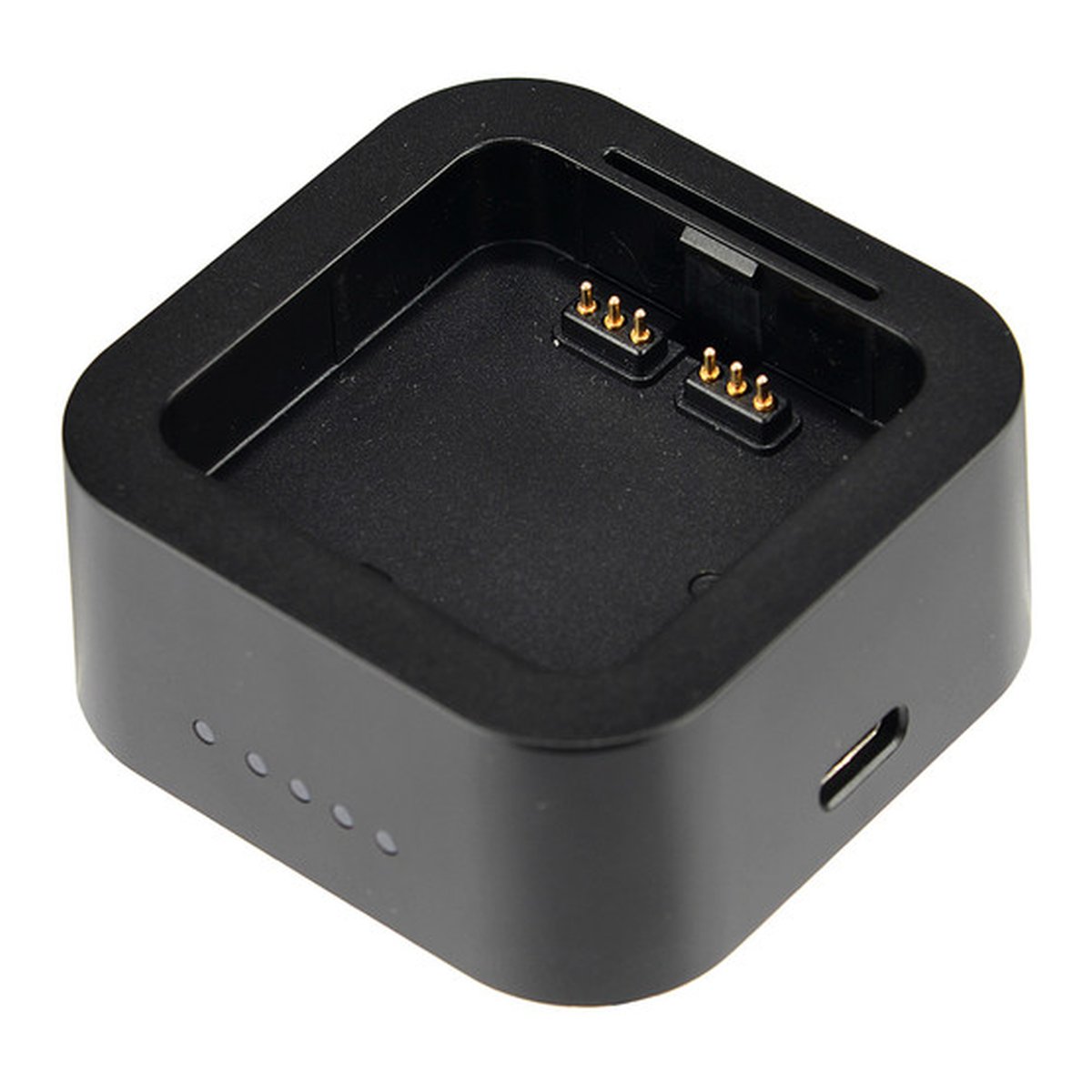 Godox UC29 USB-Ladegerät für AD200 - Winkelansicht einer schwarzen Ladestation mit goldenen Ladekontakten und USB-C-Anschluss.