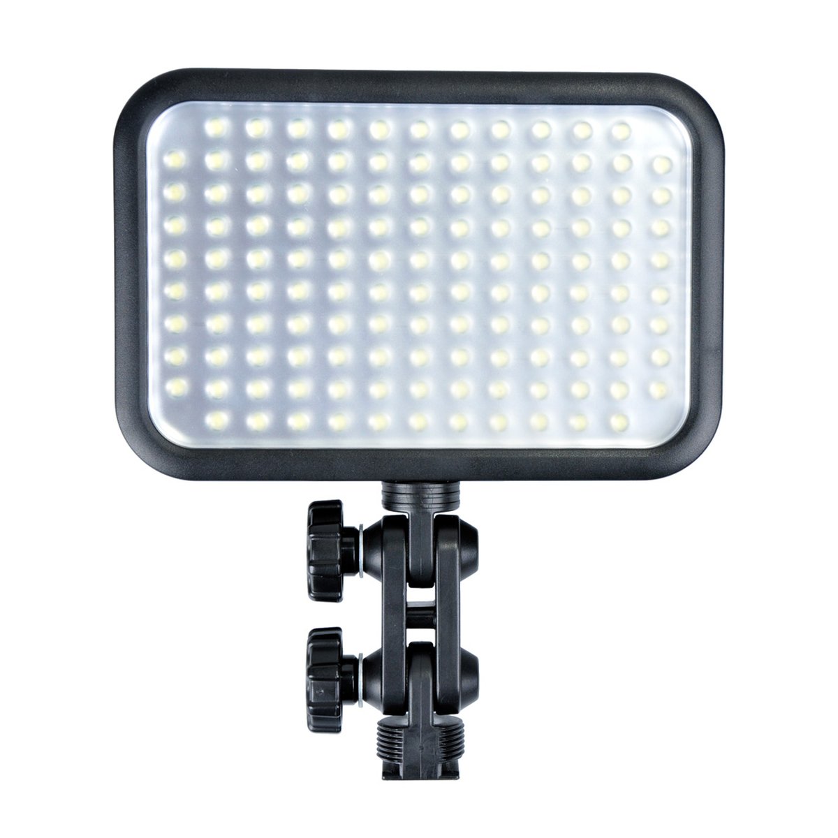Godox LED 126 - Frontansicht der eingeschalteten LED-Videoleuchte mit Montagefuß