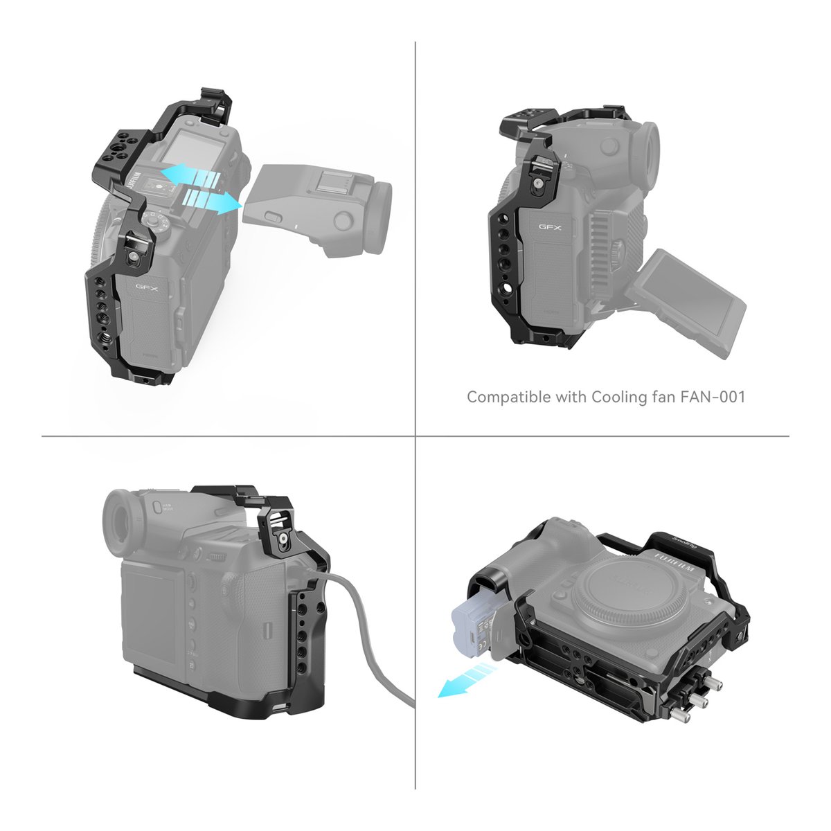 SmallRig 4201B Cage Kit für Fujifilm GFX100 II - Anwendungsbeispiele der Kamera-Cage: Sucher, Lüfter, Anschlüsse und Batteriefachzugang.