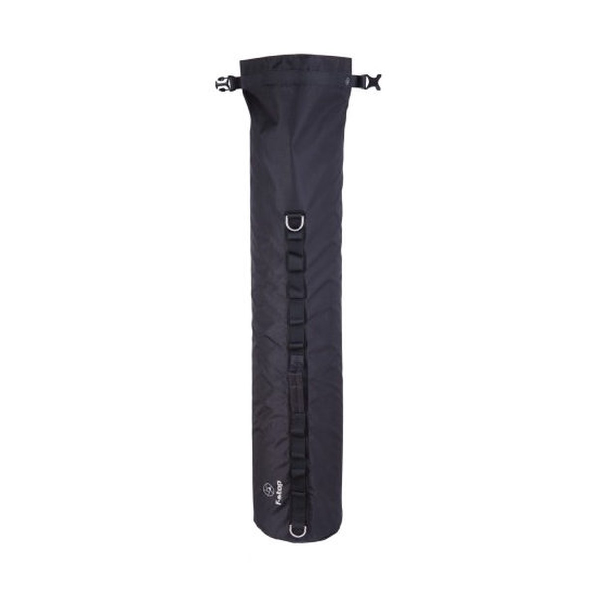 F-Stop Tripod Bag Medium - Black - Lange, schwarze, wasserdichte Tasche mit Rollverschluss, D-Ringen und Schlaufen, Frontansicht.