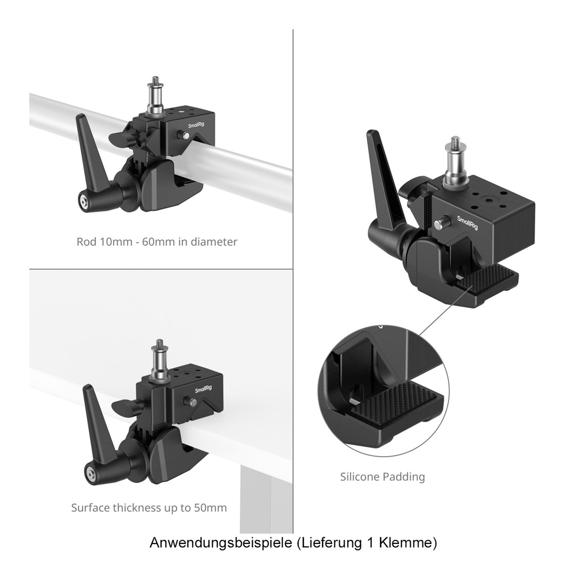 SmallRig 4861 Super Clamp Support Kit Unterstützungskit - Anwendungsbeispiele der Klemme: Befestigung an Stangen & Oberflächen, sowie Detailansicht der Silikonpolsterung. SmallRig 4861 Super Clamp Support Kit Unterstützungskit - Anwendungsbeispiele der Klemme: Befestigung an Stangen & Oberflächen, sowie Detailansicht der Silikonpolsterung.