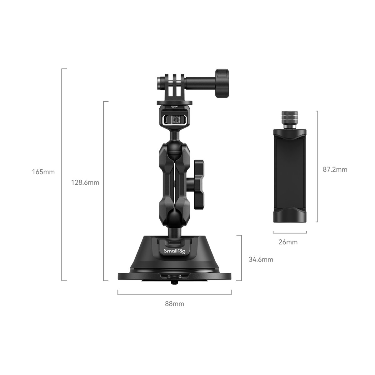 SmallRig 4275 SC-1K Portable Suction Cup Mount Support Kit, Saugnapf+Handyhalter - PRODUKTDETAILS: Saugfuß-Halterung und Smartphone-Klemme mit Maßangaben