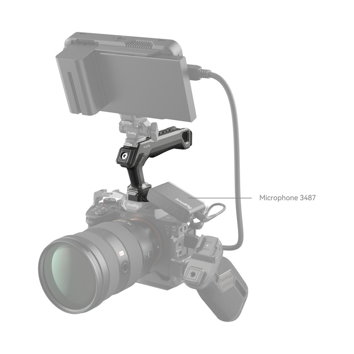 SmallRig 4483 HawkLock H21 QR Top Handle Kit - Anwendungsbeispiel: Mikrofon 3487 auf Kamera-Rig montiert