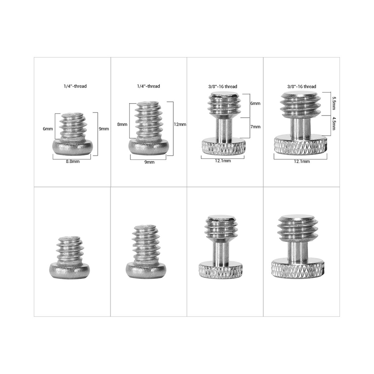 SmallRig 2326 Schraubenset für Kamerazubehör - Maße und Typenübersicht: 8 Schrauben und Rändelschrauben mit 1/4" und 3/8" Gewinde.
