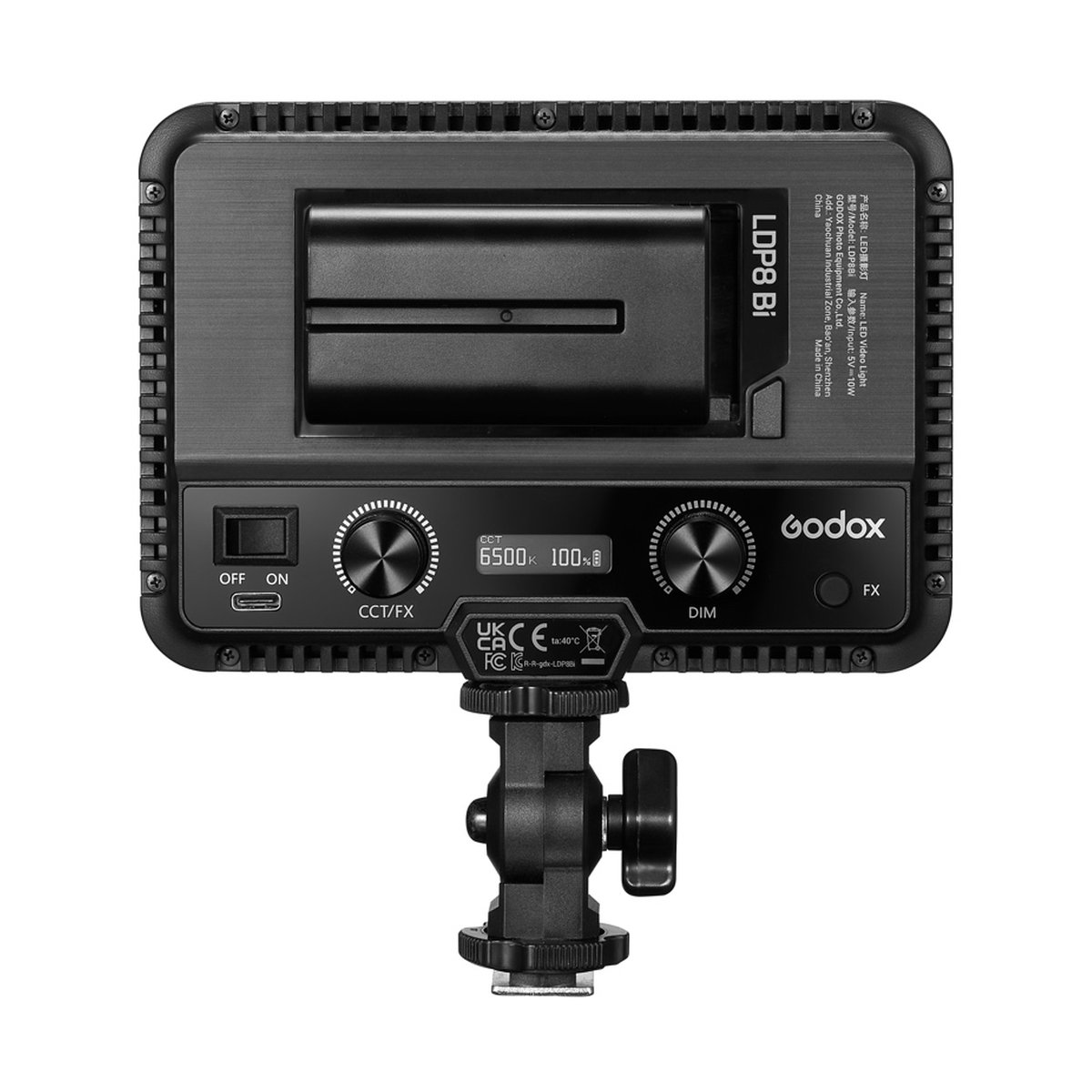 Godox LDP8Bi Streaming Slim Panel Light - Rückansicht Godox LDP8Bi LED-Videoleuchte mit Bedienelementen, Display, Batteriefach und Montagewinkel