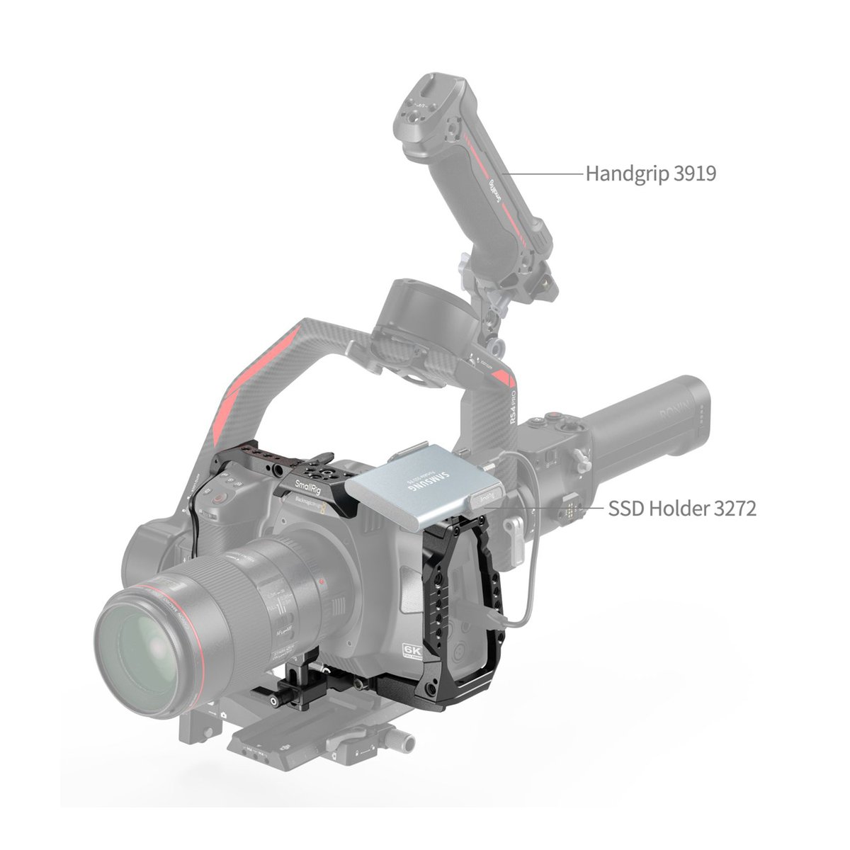 SmallRig 4785 Camera Cage f. BMCC 6K (Vollformat) - Anwendungsbeispiel: Handgrip 3919 und SSD Halter 3272 am Kamera-Rig.