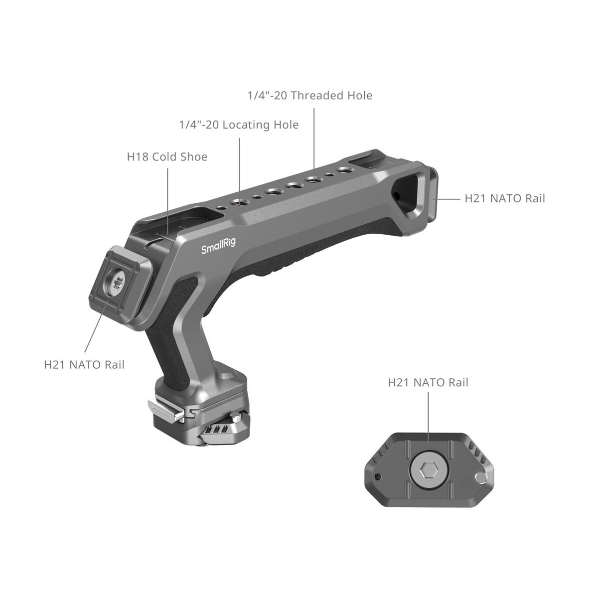 SmallRig 4483 HawkLock H21 QR Top Handle Kit - Übersicht der Anschlüsse am Handgriff: Cold Shoe, 1/4"-20 Gewinde, NATO Rail