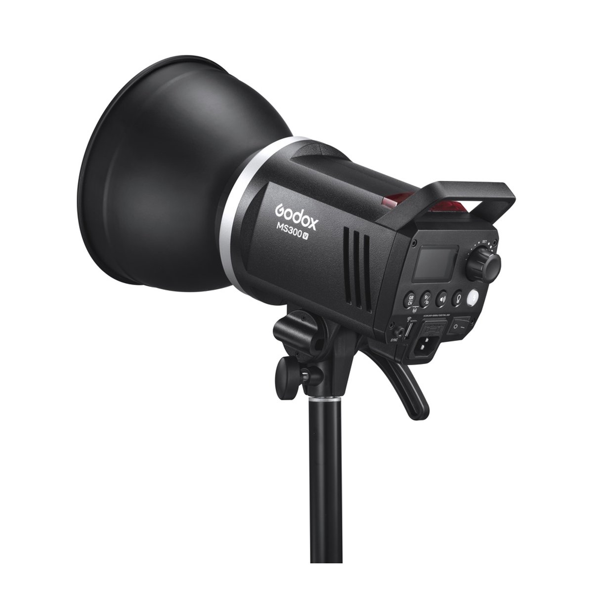 Godox MS300V - Produktansicht Godox MS300 Studioblitz mit Reflektor auf Stativhalterung