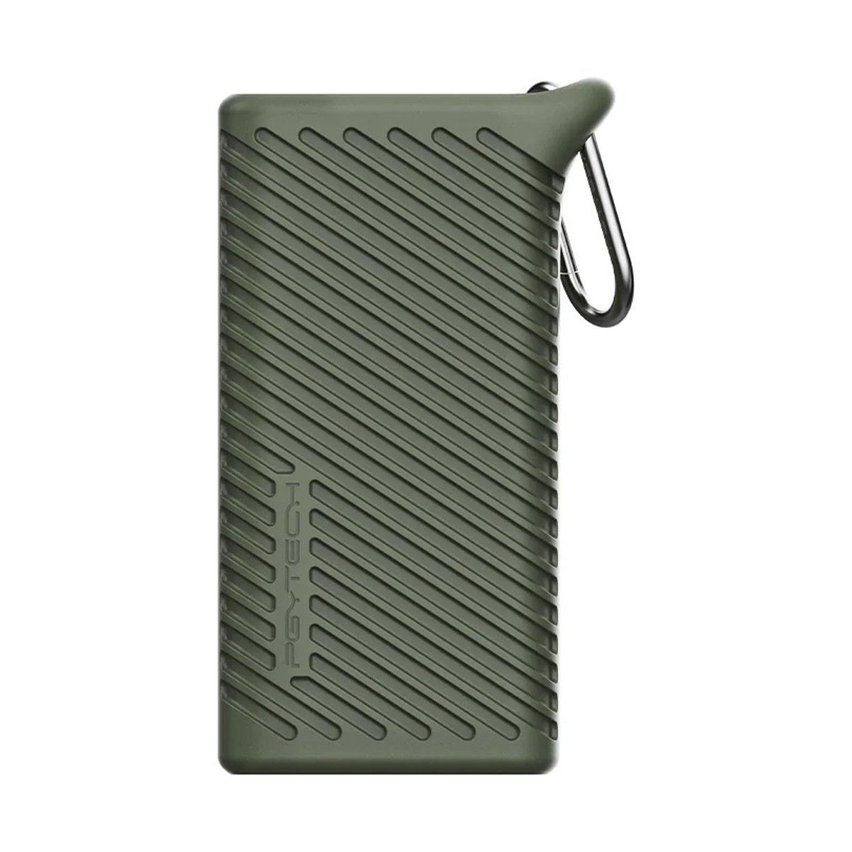 PGYTECH CFexpress CreateMate Card Reader Case Type B/SD (Moss Green) - Frontansicht der grünen Powerbank mit gerillter Oberfläche und Karabiner.