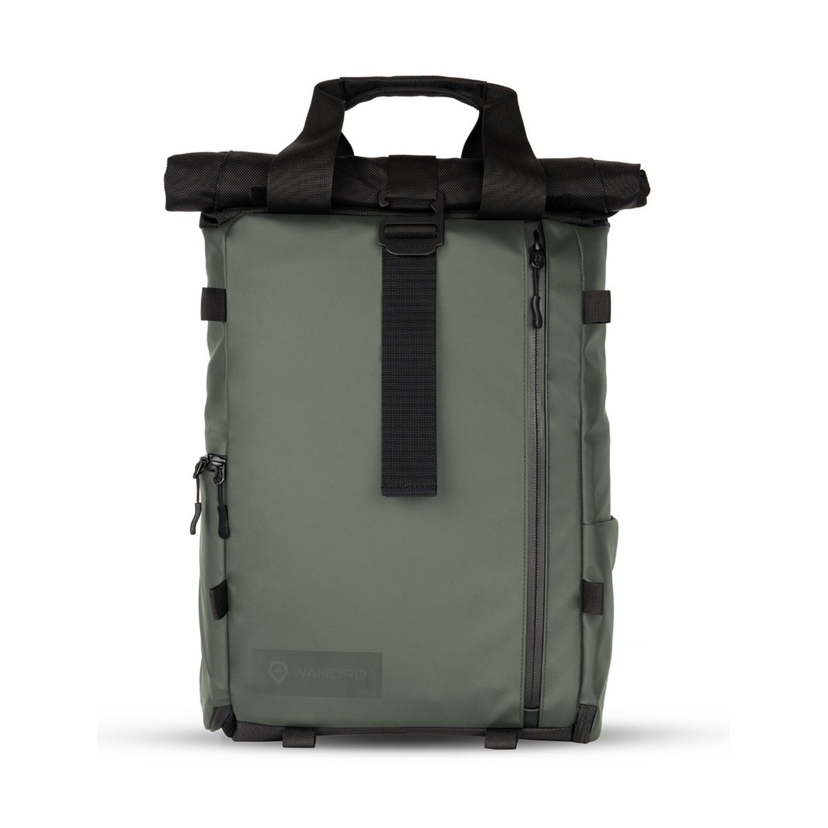 WANDRD PRVKE Lite 11-Liter Green - Frontansicht des olivgrünen Roll-Top-Rucksacks mit Tragegriffen und Reißverschlüssen