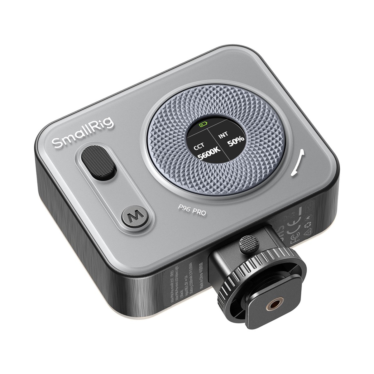 SmallRig 4660 Vibe P96 Pro Mini schwarz LED-Videolicht - Schräge Ansicht von oben der SmallRig P96 Pro LED-Videoleuchte mit Display (5600K, 50%) und Cold Shoe Halterung.