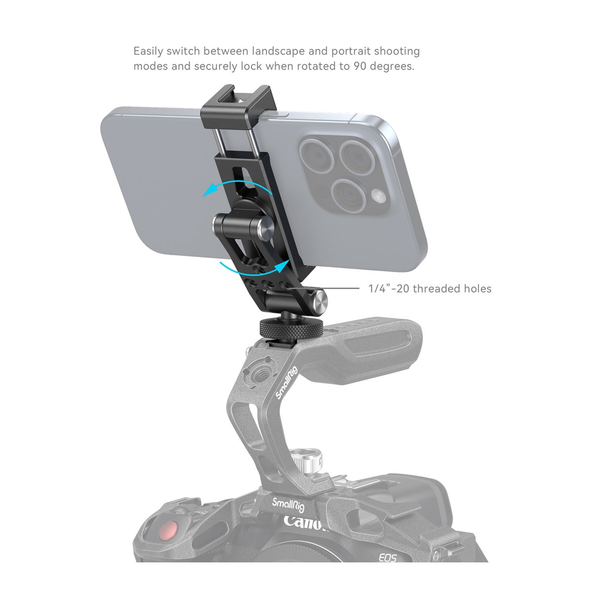 SmallRig 4382 Metal Phone Holder with Cold Shoe Mount - Anwendungsbeispiel: Smartphone-Halterung am Kamera-Rig, zeigt 90-Grad-Rotation für Quer-/Hochformat.