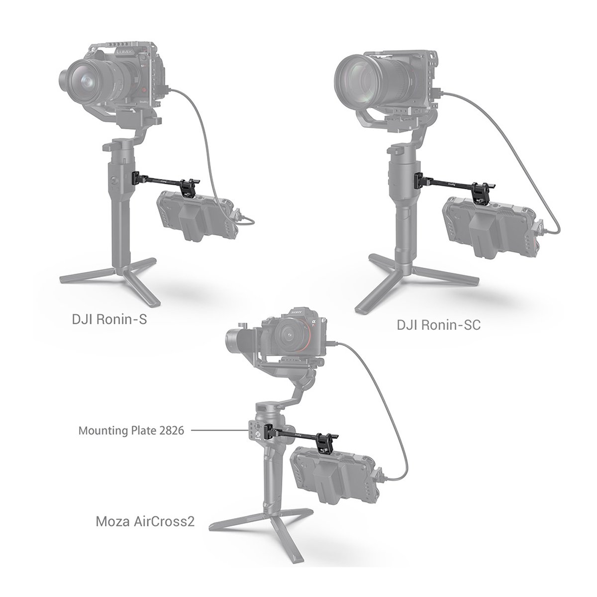 SmallRig 2889 Adjustable Monitor Mount für Gimbals - Anwendungsbeispiel: Montageplatte 2826 an DJI Ronin-S, Ronin-SC und Moza AirCross2 Gimbals mit Smartphone